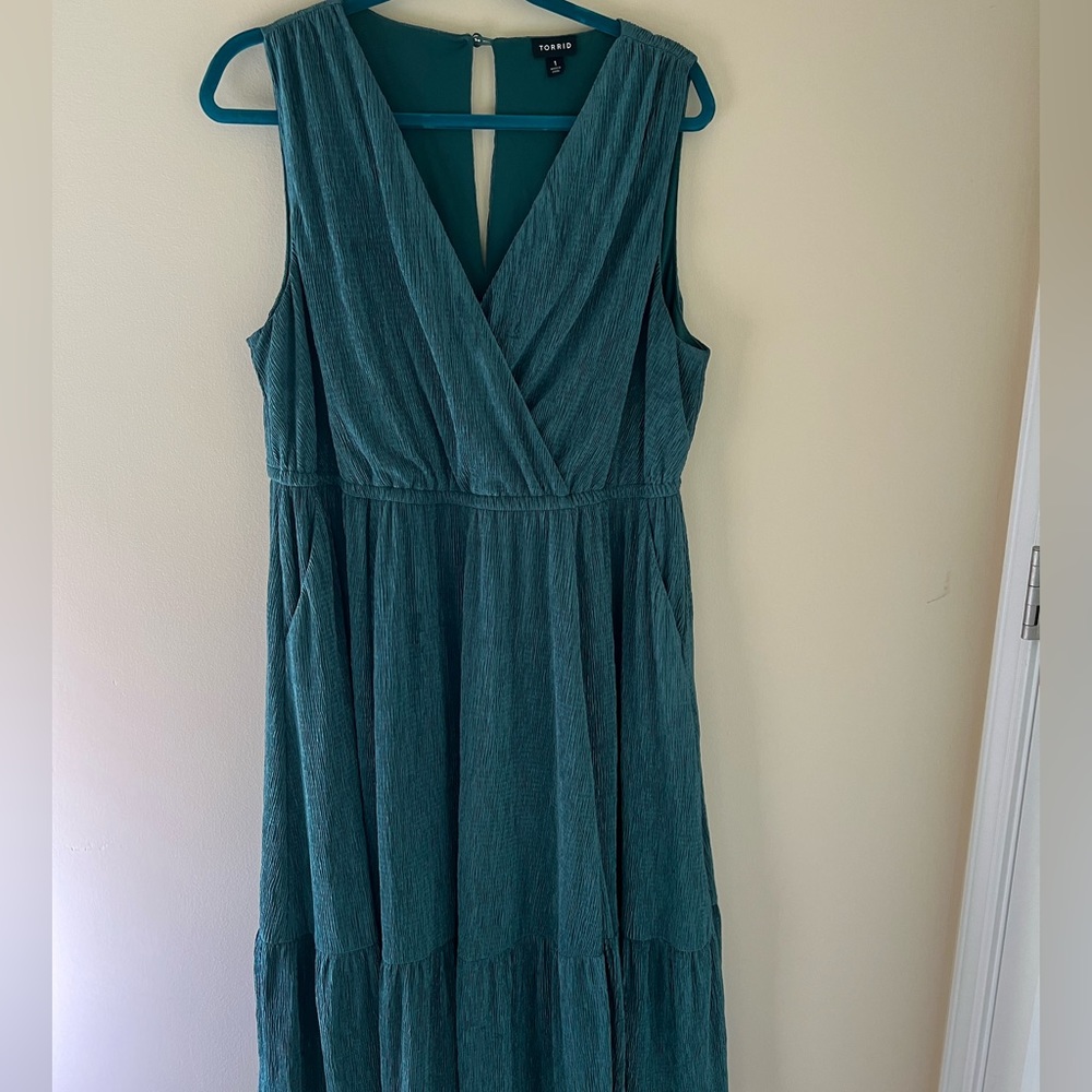 Torrid Green Midi Crinkle Knit Surplice Skater Dress
